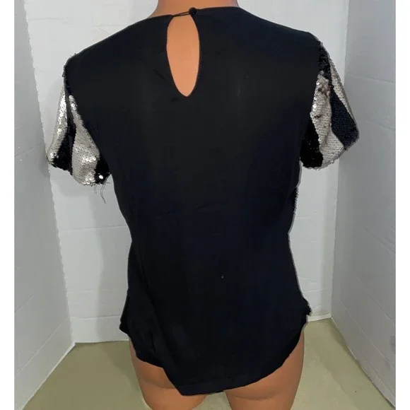 New-black white sequins beads evening formal cocktail blouse Top SM - Picture 4 of 7